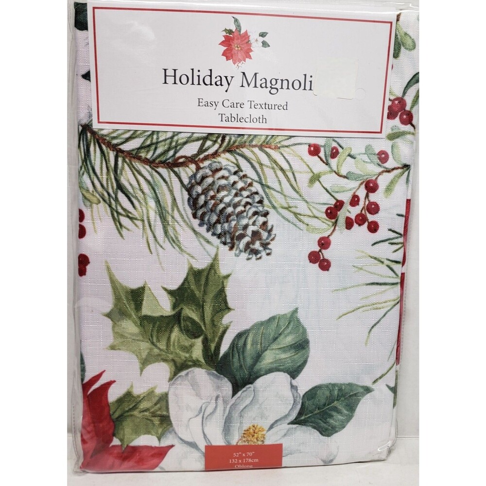 1 Fabric Printed Tablecloth,52"x70"Oblong,CHRISTMAS,HOLIDAY  MAGNOLIA FLOWERS,BM